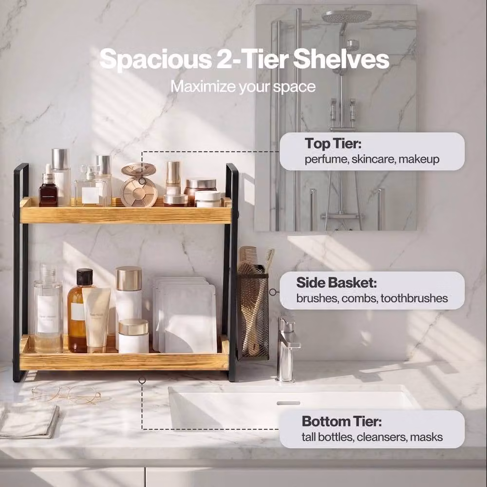 EONLION Natural 2 Tier Brown Bathroom Organiser and Skincare Storage Shelf – 3