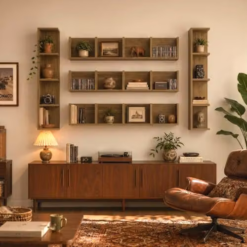 HOMCOM Wall-Mounted Wooden Media Storage Display Shelf in Brown – 8