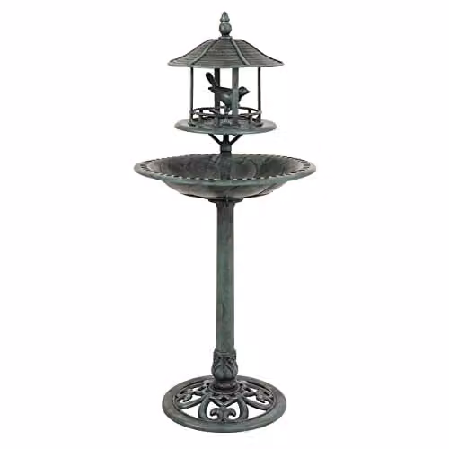 Samuel Alexander Green and Transparent Square Plastic Ornamental Garden Bird Bath and Sheltered Feeding Table
