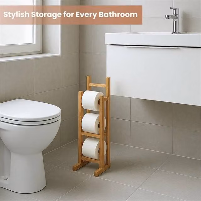 EONLION Bamboo Freestanding Tissue Paper Roll Holder, Brown, H: 60.0 cm, W: 15.0 cm, D: 3.0 cm – 1
