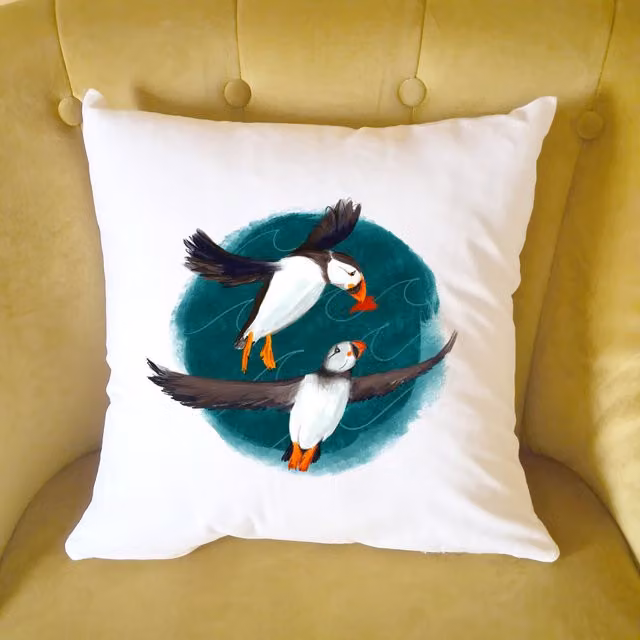 Afewhometruths Puffin Love Cushion, Off-White, W/D/H: 40 x 40 x 40 cm