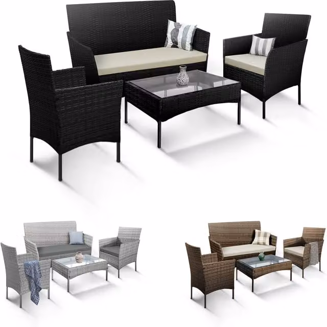 Keplin Modern Black Rattan Garden Furniture Set with Glass Top