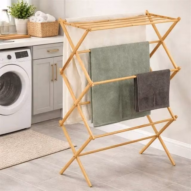 HOMION 3-Tier Foldable Bamboo Wooden Clothes Airer in Natural Brown, W/D/H: 103 x 40 x 72 cm – 1