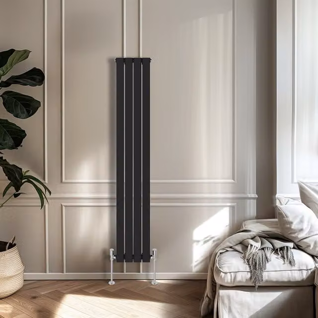 Right Radiators Flat Panel Vertical Single Panel Radiator in Black, Height: 160 cm, Width: 27.2 cm