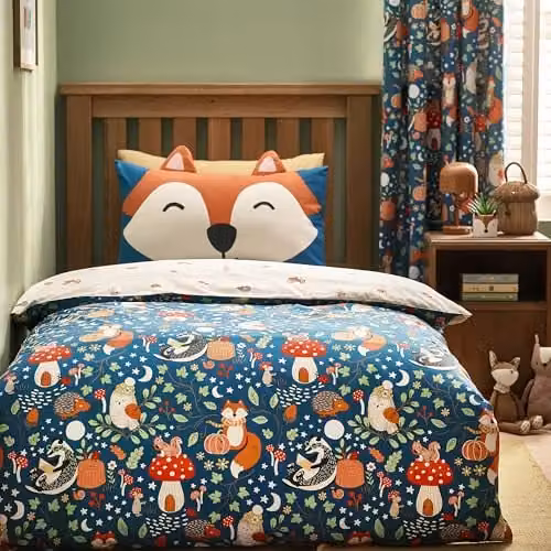 Catherine Lansfield Fox and Woodland Friends Reversible Double Duvet Cover and Pillowcase Set, Green and Multicolour, Duvet Cover: 200 x 200 cm, Pillowcases: 50 x 75 cm – 1
