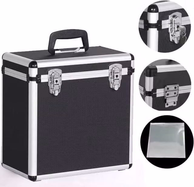 Hinsinc Black Heavy Duty Lockable Vinyl Record Storage Case with Lid and Handles
