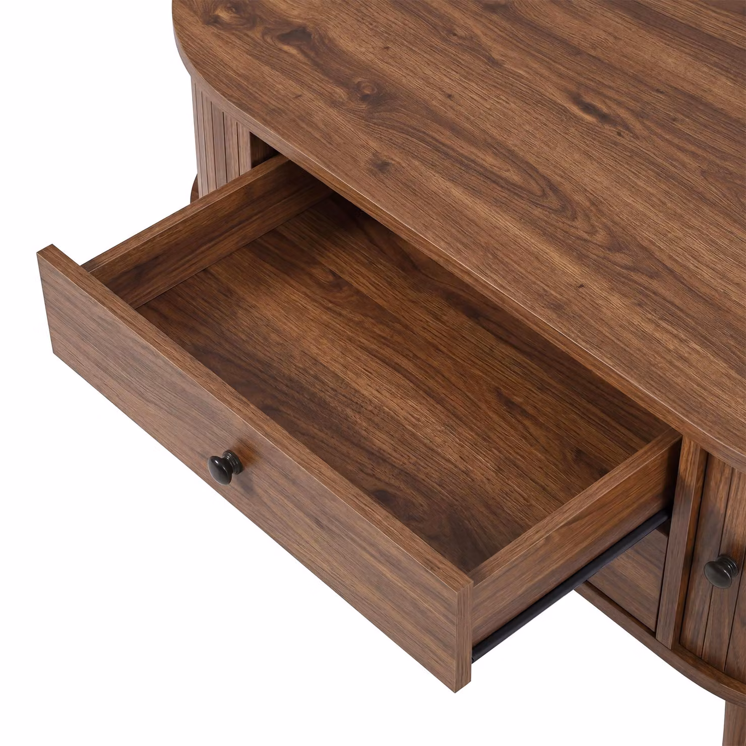 Aosom UK Oval Coffee Table with Sliding Doors and 2 Drawers in Walnut Brown, W: 100 cm, D: 50 cm, H: 40 cm – 6