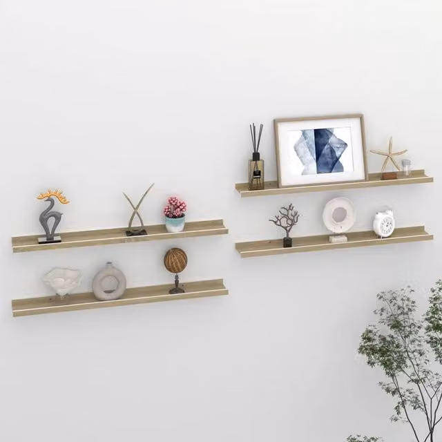 Berkfield Home Wall Mounted Shelves, 4 Piece Set in White and Sonoma Oak, W: 80 cm, D: 9 cm, H: 3 cm