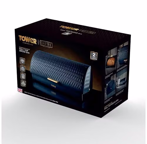 Tower Empire Roll Top Stainless Steel Bread Bin, Blue, W: 39.0 cm, D: 19.0 cm, H: 27.51 cm – 4