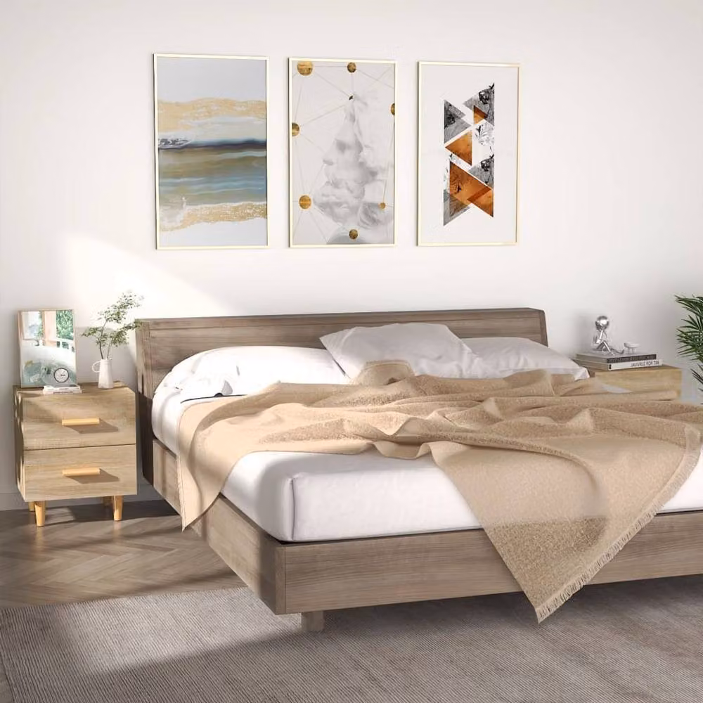 Berkfield Home Beautiful Bed Cabinets, 2 Piece Set in Sonoma Oak and Light Tan, W: 40 cm, D: 35 cm, H: 47.5 cm – 2