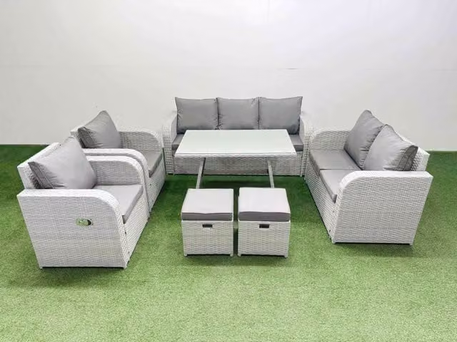 Fimous Outdoor Garden Furniture Set in Light Grey with 3 Seater Sofa, Reclining Chair, Rectangular Coffee Table and 2 Ottomans