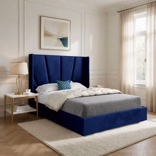 Casani Fairlight Upholstered Velvet Winged Bed Frame in Blue, Single, W/D/H: 90 x 190 cm – 1