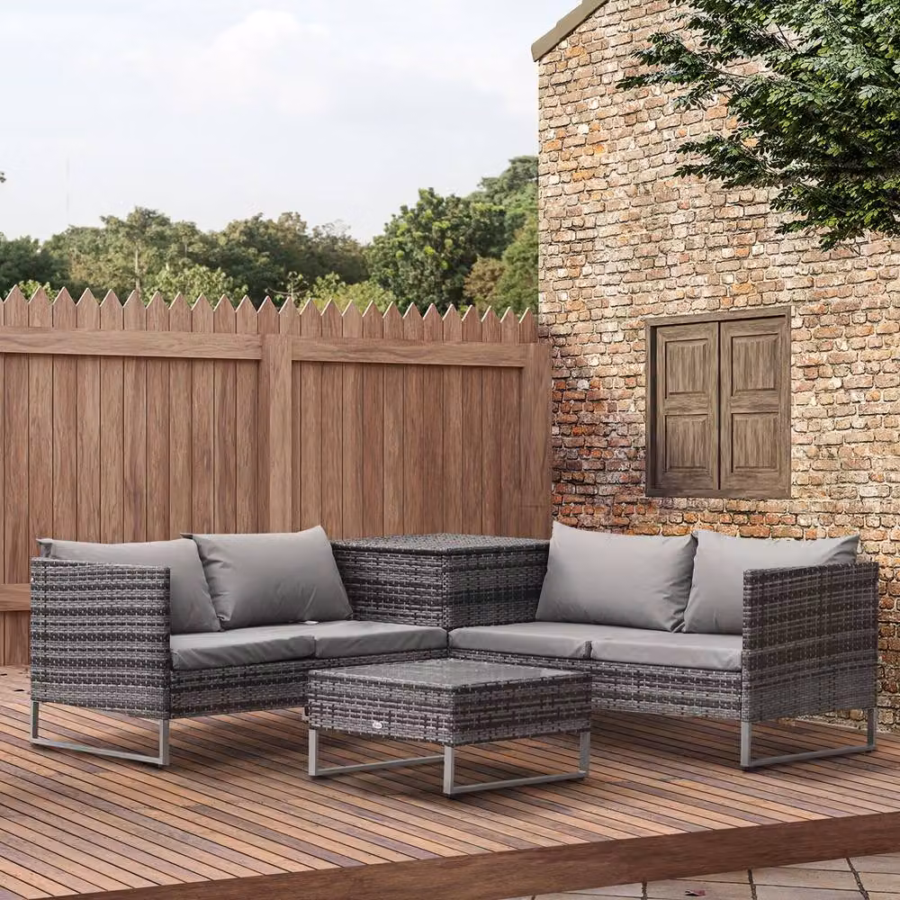 ERGOVEXA 4 Piece Grey Rattan Garden Furniture Set with Upholstered Cushions and Powder Coated Steel Frame – 4
