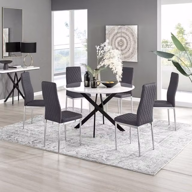 FurnitureboxUK Novara White Gloss Round Dining Table with 6 Grey Velvet Milan Chairs, Diameter: 120 cm