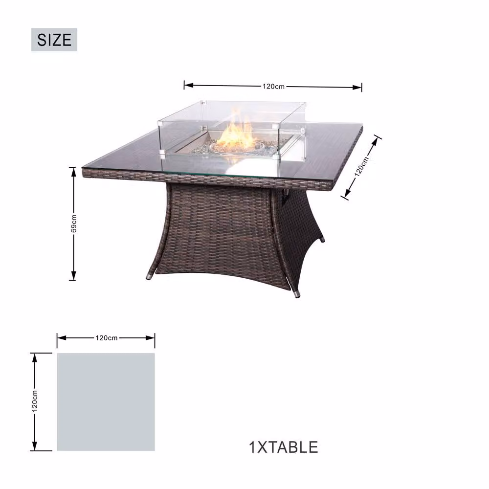 Direct Wicker Brown Rattan Square Fire Pit Dining Table for Garden and Terrace, W/D/H: 120 x 120 x 69 cm, 2 Pack – 2