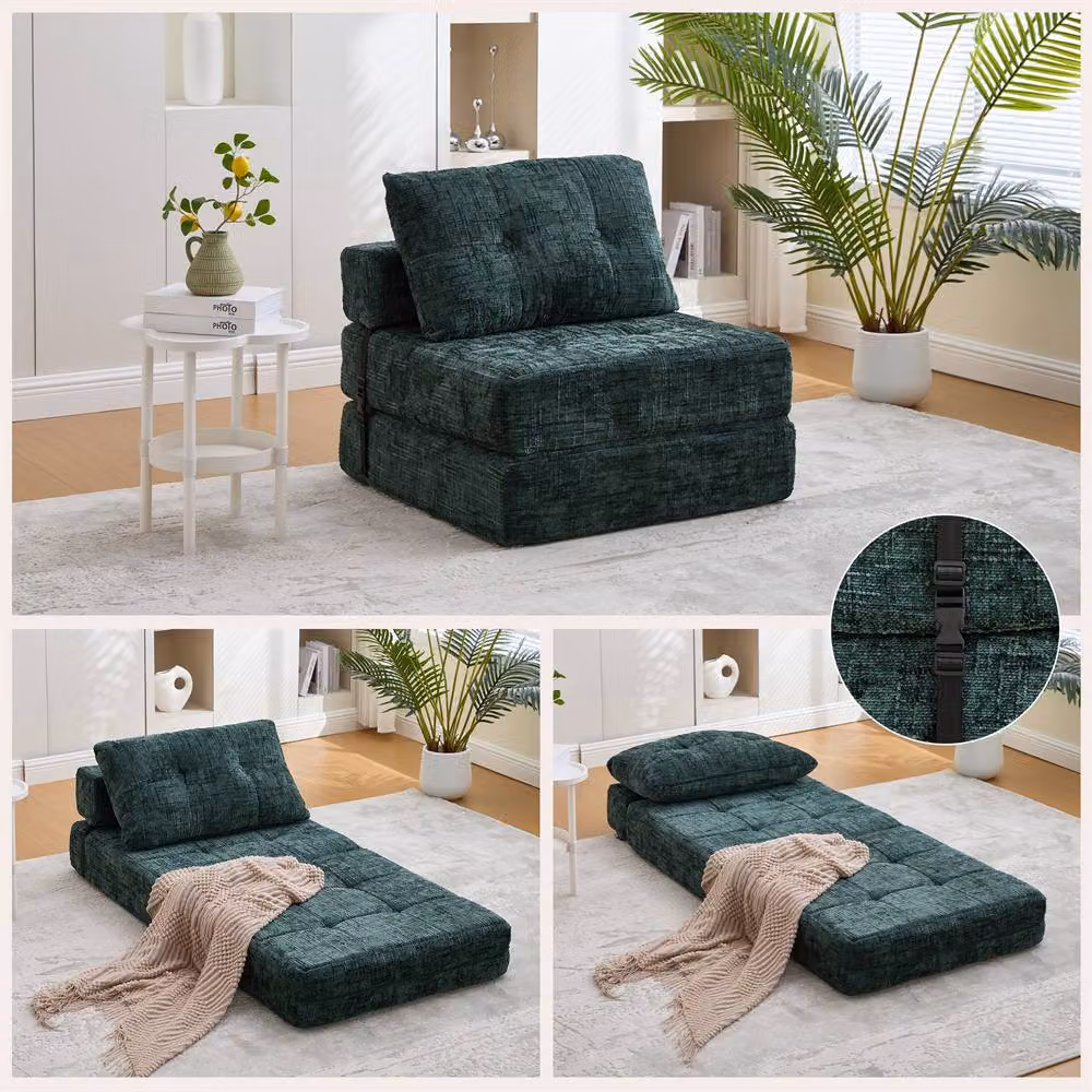 Direct Wicker Emerald Green Chenille Tufted Folding Sofa Bed with Pillow and Back Support – 4