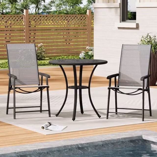 Livingandhome Round Cast Aluminium Patio Dining Set with 2 Folding Chairs, Black, Diameter: 65 cm