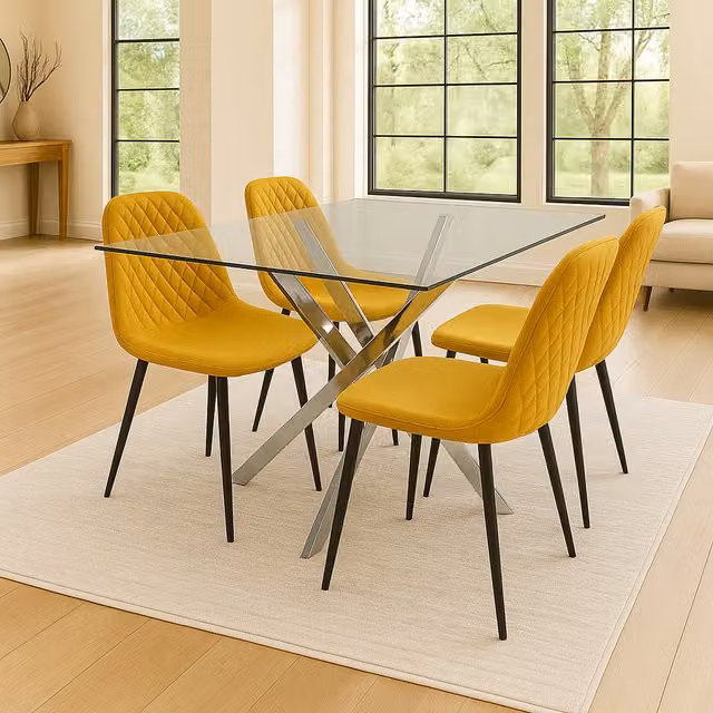 Kosy Koala Modern Rectangular Glass Dining Table with 4 Chairs in White and Yellow