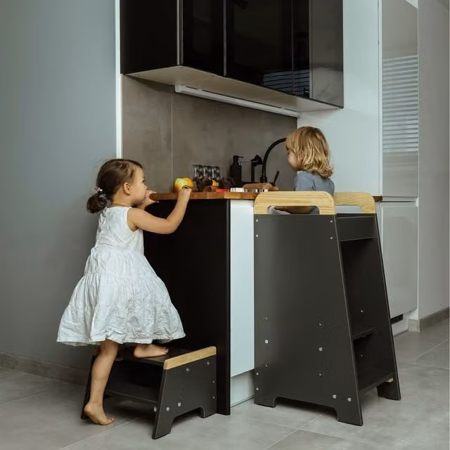 Love For Sleep Toddler Tower and Step Stool Set in Anthracite and Pine Wood