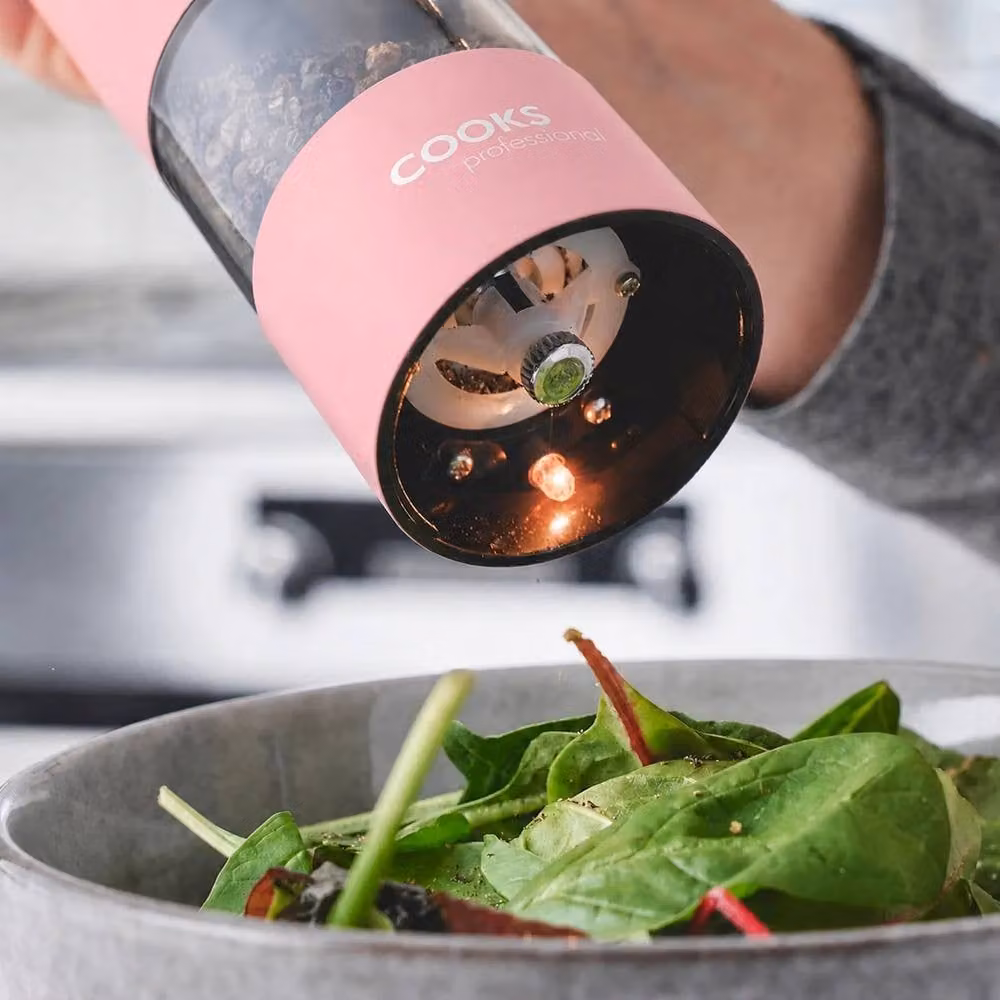 Cooks Professional Electric Salt and Pepper Mill Set, Stainless Steel Automatic Grinders in Pink – 2