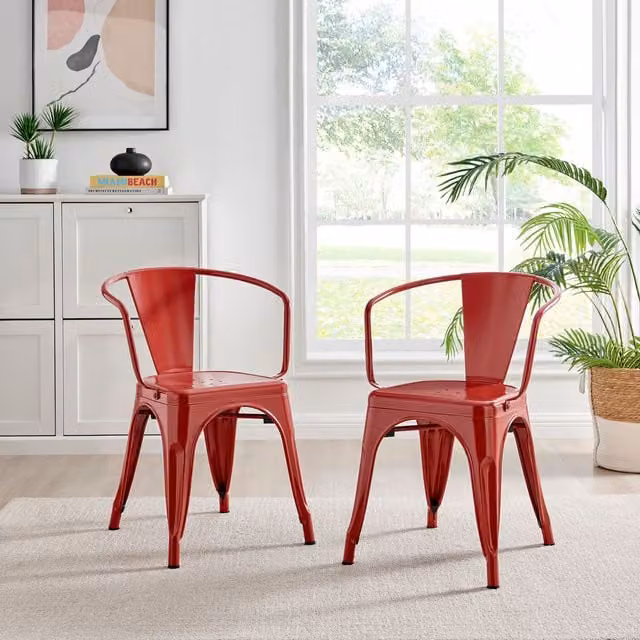 FurnitureboxUK Colton Stackable Industrial Metal Kitchen Dining Chair with Arms, Red