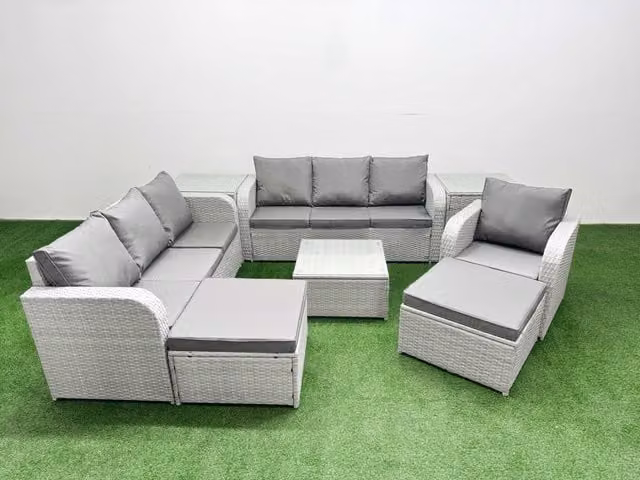 Fimous 9 Seater Poly Rattan Outdoor Garden Furniture Set in Grey with Square Coffee Table, 3 Seater Sofas, Reclining Chairs and 2 Big Footstools