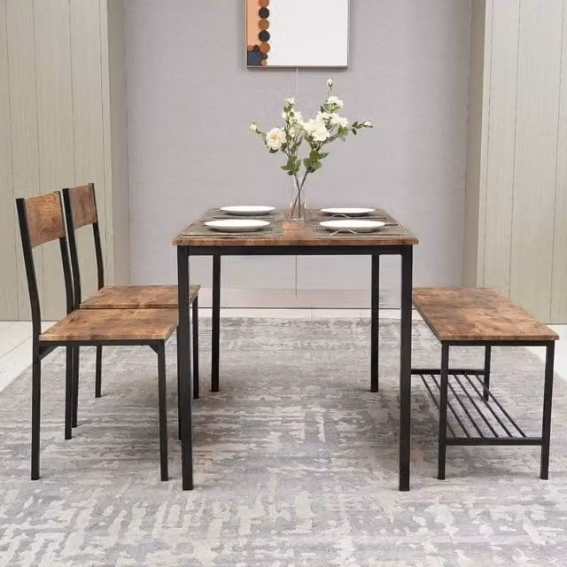 EONLION 4 Piece Compact Rectangular Dining Table Set in Brown and Black, W: 100 cm, H: 76 cm – 1