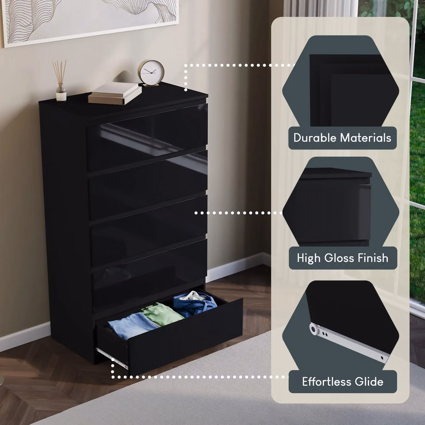 Vida Designs Glinton High Gloss 5 Drawer Chest of Drawers in Black – 2