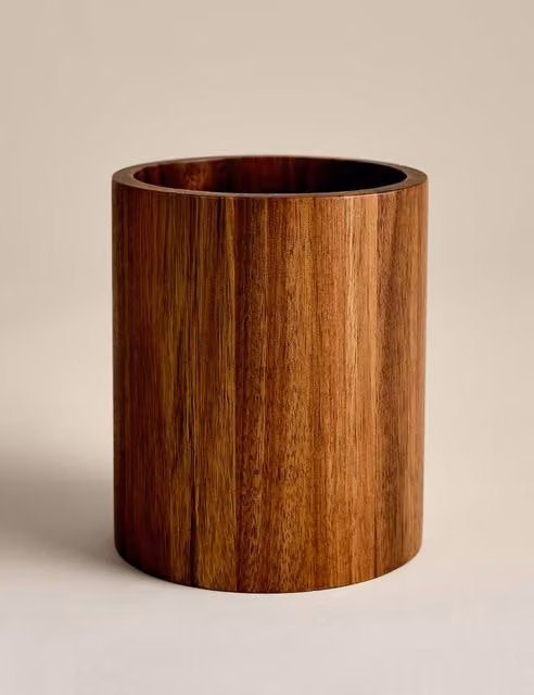 M&S Natural Wooden Freestanding Utensil Pot in Brown and Sand