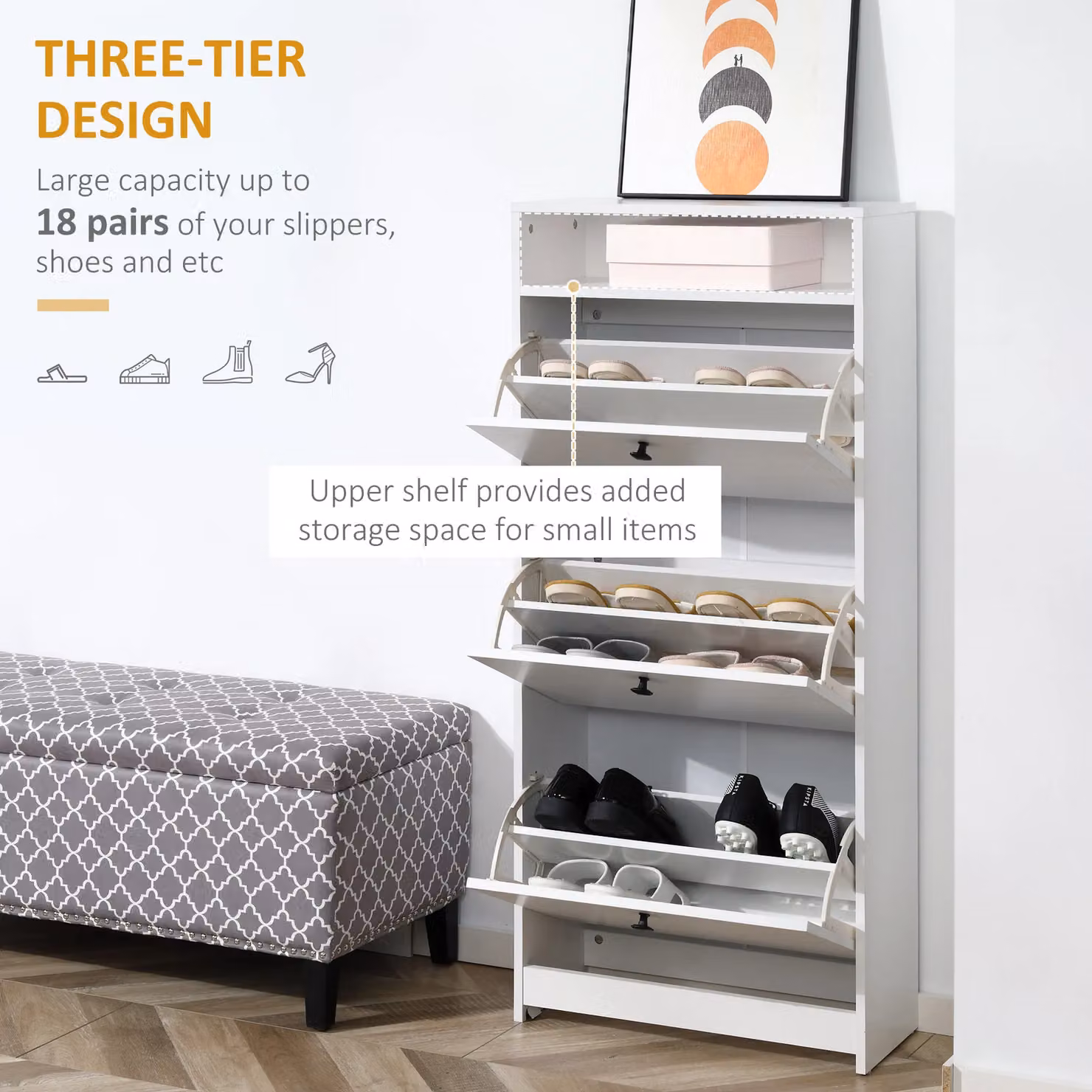 HOMCOM Modern White Shoe Storage Cabinet with 3 Tilting Compartments and Internal Shelves – 2