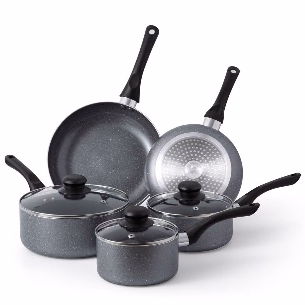 VonShef 8 Piece Non-Stick Granite Pots and Pans Set in Grey, Induction Safe with Glass Lids – 10