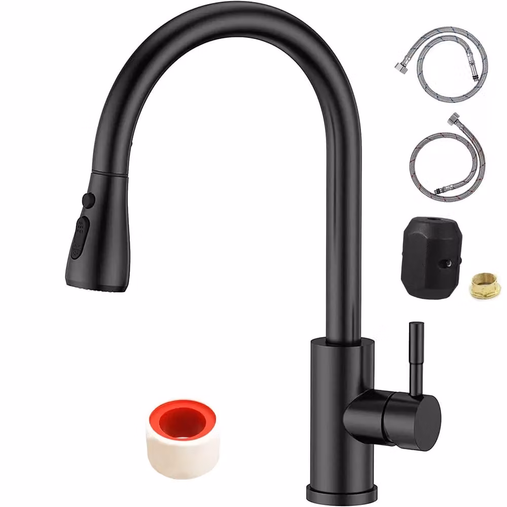 Hinsinc Matt Black Single Lever Kitchen Sink Mixer Tap with Pull Out Spout and Spray Function – 2