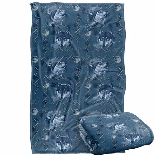 JQ Licensing Wolf Howl Moon Pattern Super Soft Fleece Throw Blanket, Blue, W/D/H: 91 x 147 cm – 1