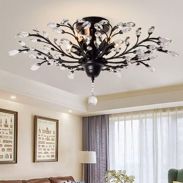 Garwarm 5-Light Dimmable Crystal Semi Flush Mount Ceiling Light in Black – 1