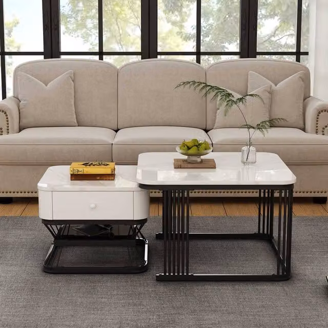 STILVORA Nesting Coffee Table Set of 2 with Drawer in White Glossy Finish – 1