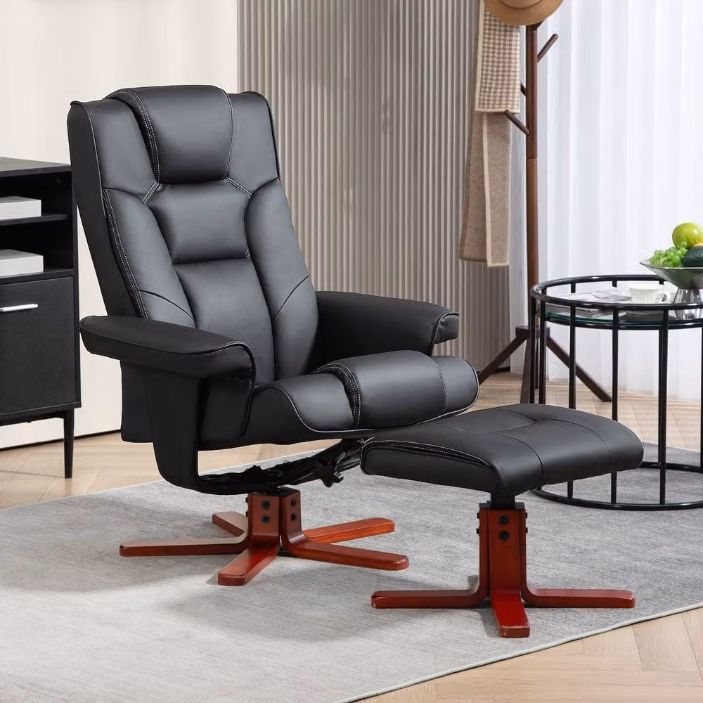 STILVORA Manual Recline Relax Recliner and Matching Footstool Set in Black Synthetic Leather – 2