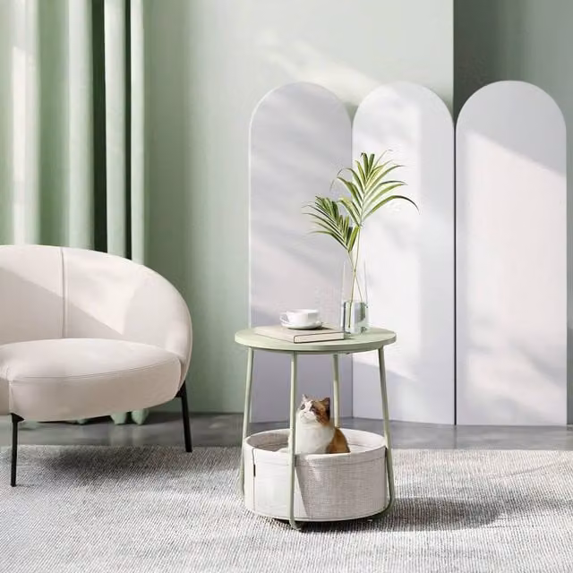 VASAGLE Round Green Side Table with Fabric Basket and Sled Base