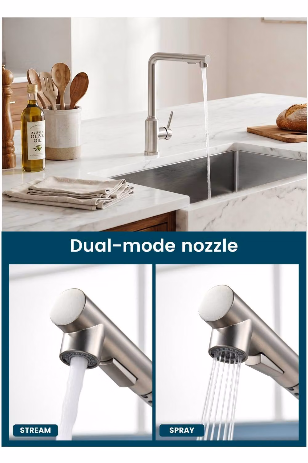 JANLEMNY Stainless Steel Kitchen Mixer Tap with 360 Degree Swivel Spout and Spray Function in Brushed Silver, W: 100 cm, D: 40 cm – 4