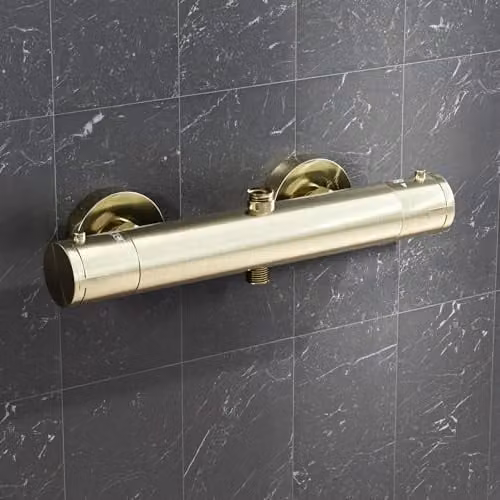 Nes Home Round Brushed Brass Exposed Thermostatic Single Lever Shower Mixer Bar Valve in Gold – 1