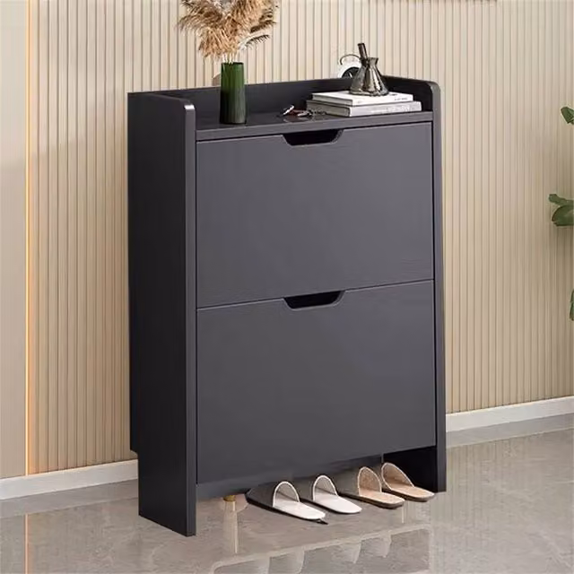 EONLION 2 Drawer Shoe Rack Storage Cabinet in Black