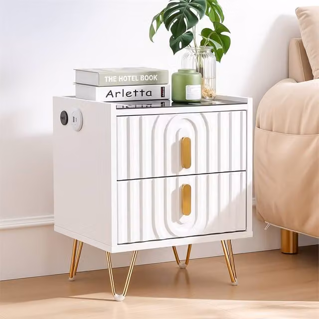 SPETLEK Modern White Glossy LED Bedside Table with Drawers and Integrated Lighting