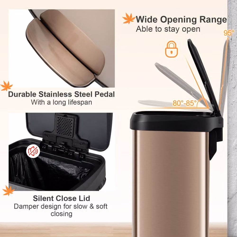 CASART 50L Stainless Steel Step Trash Can with Soft Close Lid and Odour Filter, Gold – 4