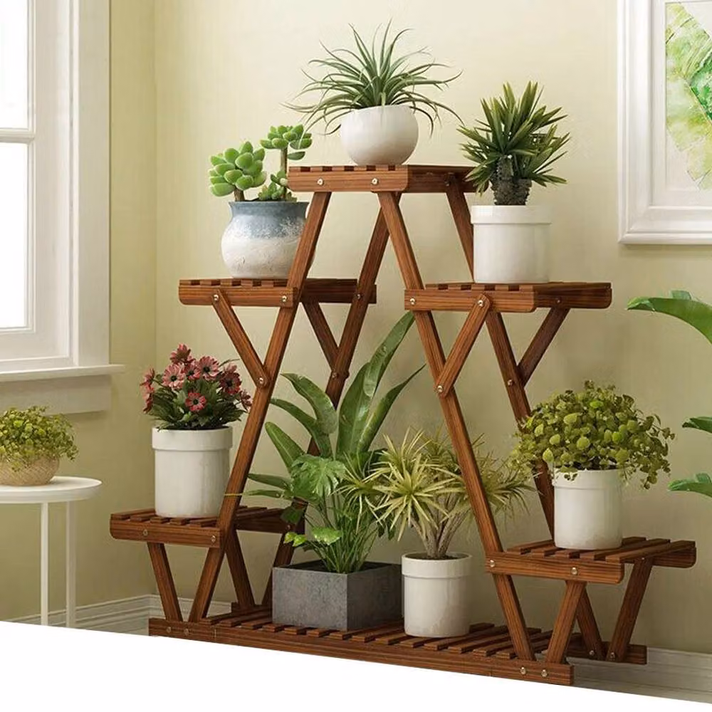 KORVIXA Rustic Wood Ladder Plant Stand in Brown for Indoor and Outdoor Use – 3