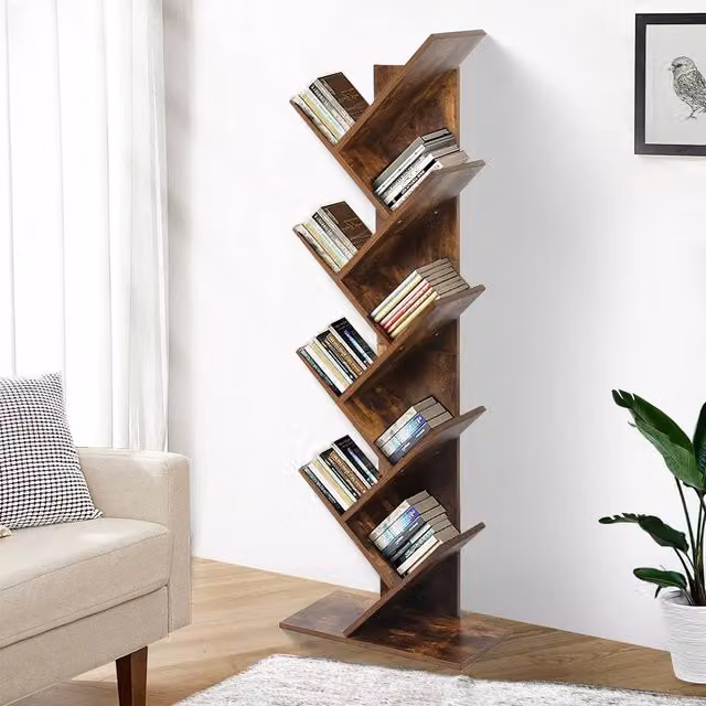 Levede 8-Tier Tree Bookshelf in Brown Rustic Wood and MDF – 1
