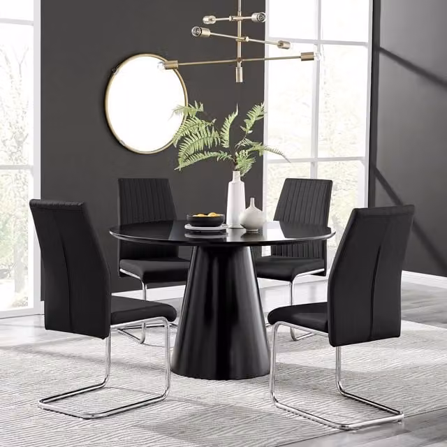 FurnitureboxUK Palma Black Semi Gloss Round Dining Table and 4 Lorenzo Chairs Set