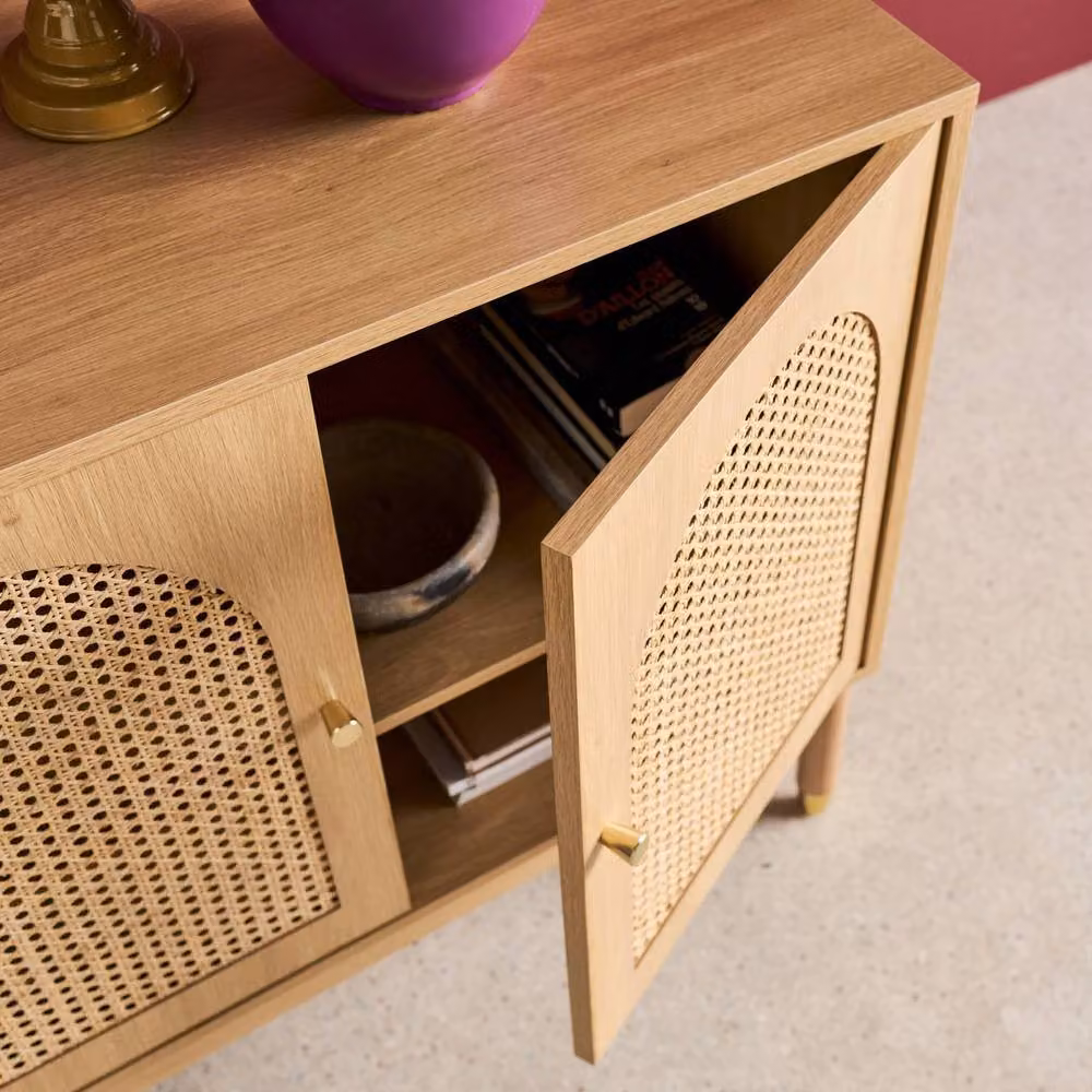 Sweekeek Boho Wood and Rattan 3-Door Sideboard in Beige, W: 120 cm – 3