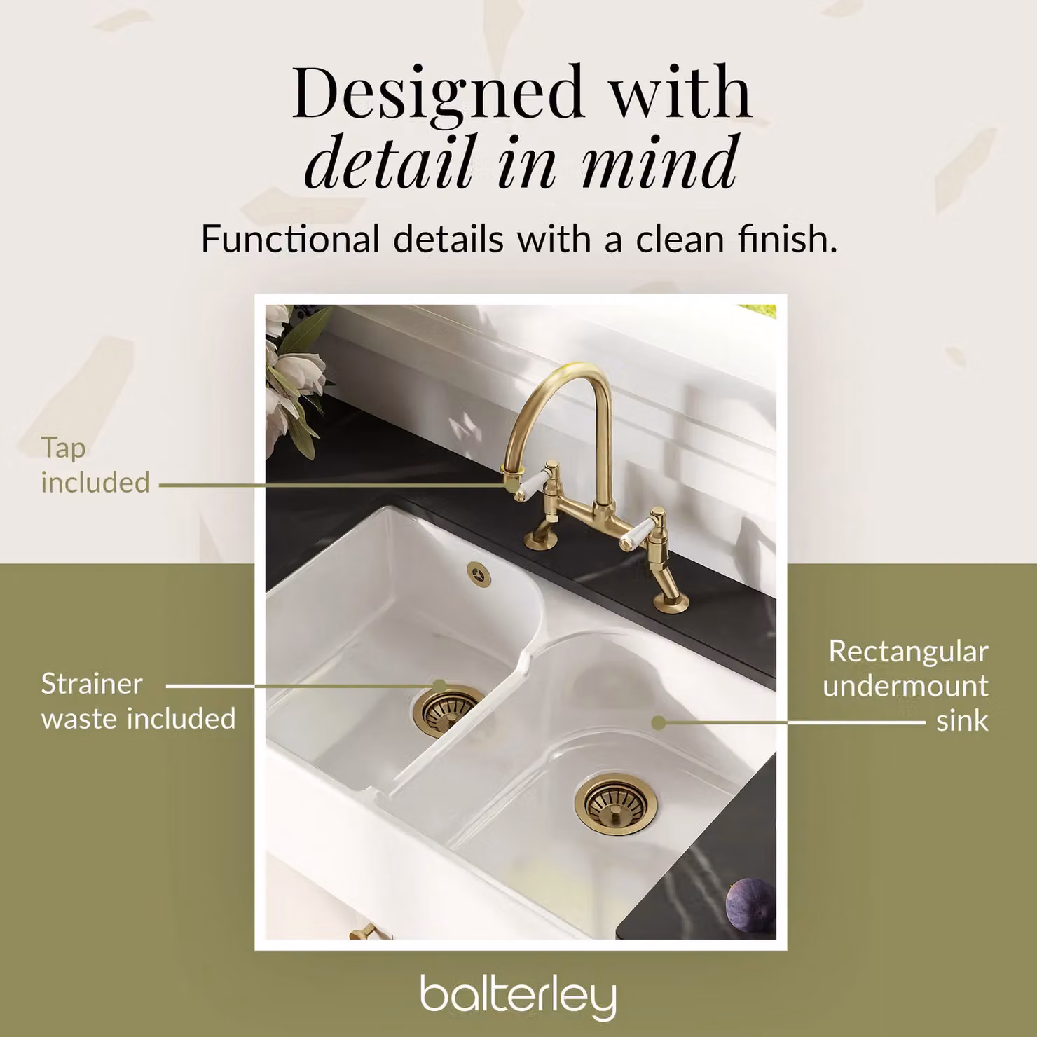 Balterley White Ceramic 2 Bowl Stepped Weir Butler Sink with Wastes and Tap, W: 79.5 cm – 5