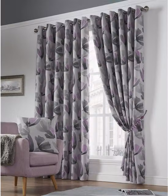 Livinluxury Amsterdam Ring Top Floral Opaque Curtains in Purple, W: 137 cm, H: 168 cm