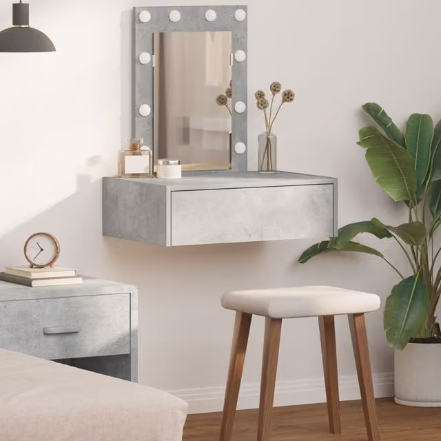Berkfield Home Wall Hanging Dressing Table with Hollywood LED Lights in Concrete Grey, W/D/H: 70 x 40 x 60 cm