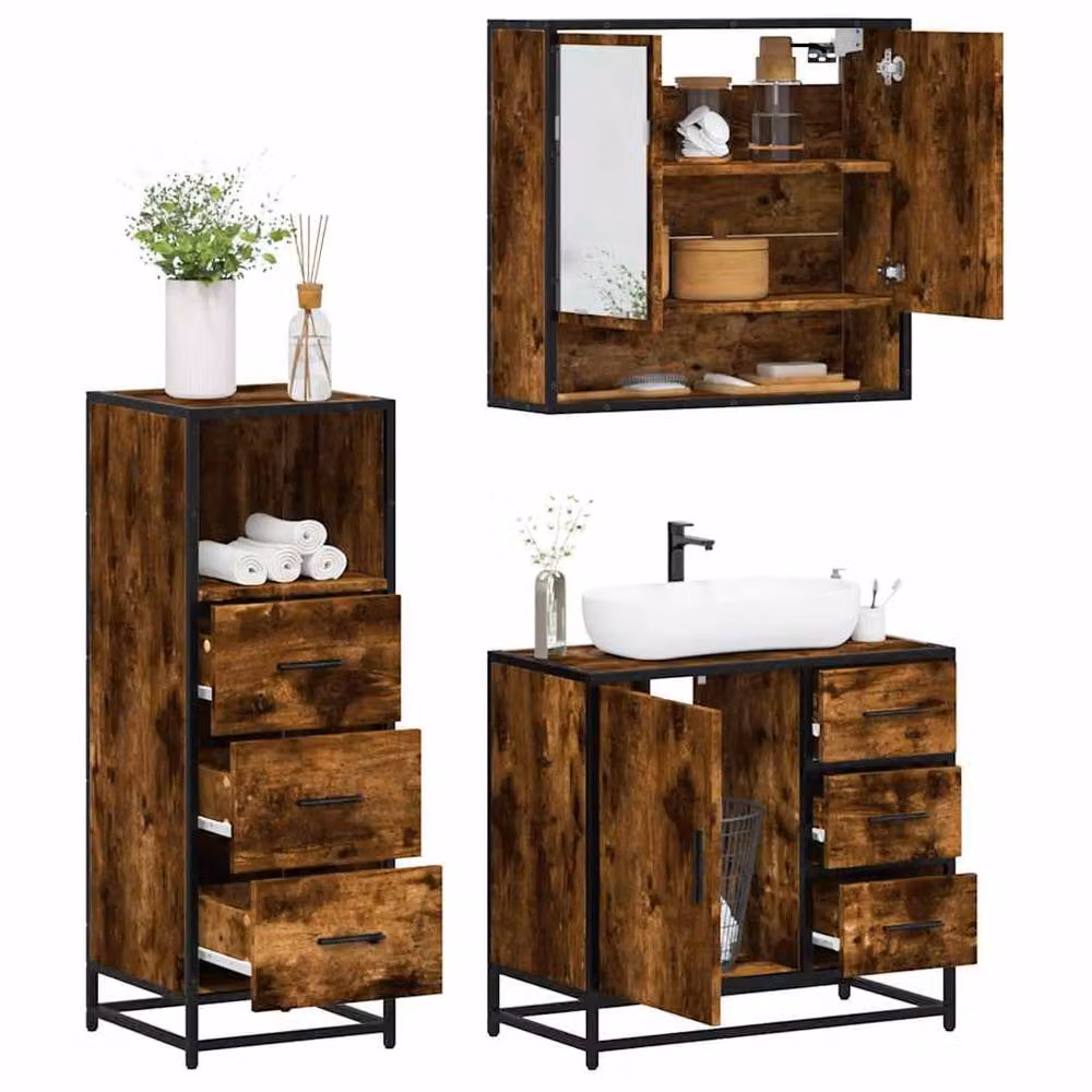Berkfield Home 3 Piece Industrial Bathroom Furniture Set in Smoked Oak Brown featuring Mirror Cabinet, Vanity Unit and Tall Cabinet – 2